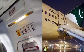 Avião da PIA com tobogã aberto após passageira confundir saíde de emergência com porta do banheiro (Foto: Reprodução/@historyofpia1)
