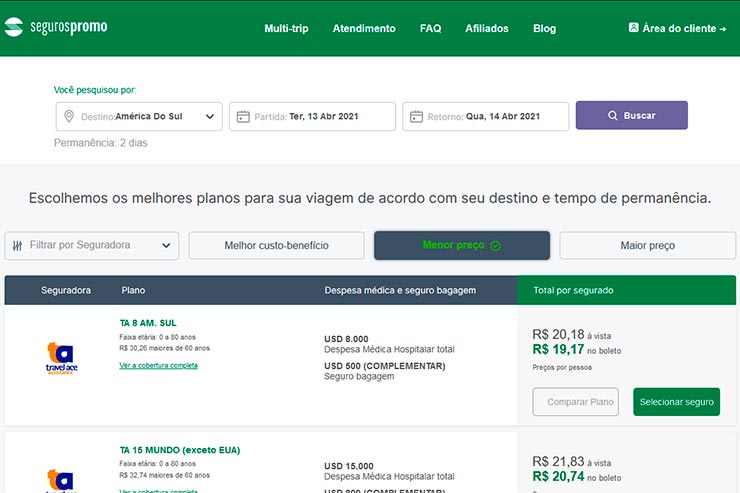 Simulação de busca para seguro viagem na América do Sul no site da Seguros Promo (Foto: Reprodução)