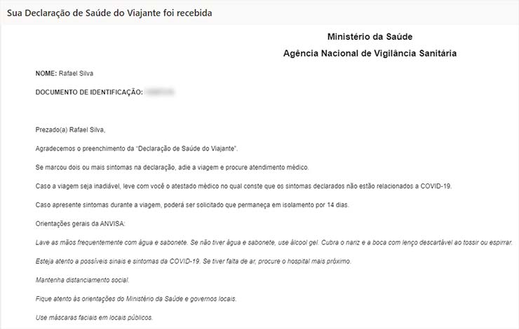 E-mail comprovante da Declaração de Saúde do Viajante