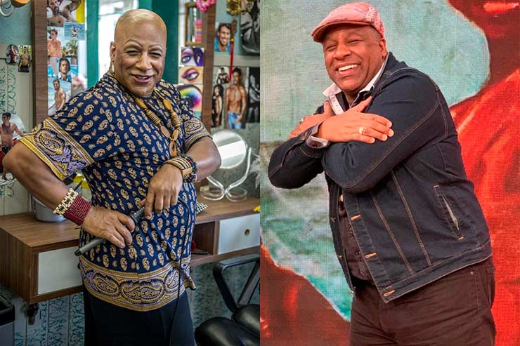 Que ano passou Império: Aílton Graça como Xana Summer e em participação no Encontro simulando um abraço (Foto: Memória Globo e Instagram)