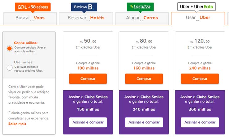 Tela para comprar créditos e ganhar milhas Smiles com Uber