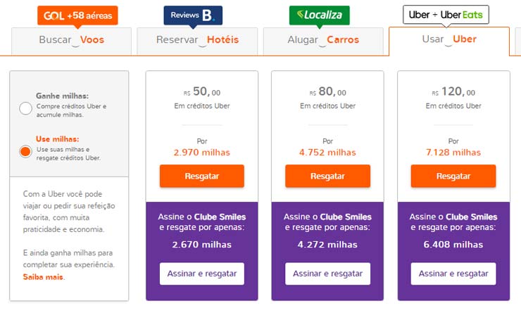 Tela para resgate de milhas Smiles com Uber ou Uber Eats