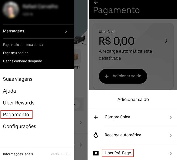 Telas do app Uber para inserir saldo pré-pago