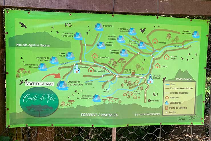 Mapa das cachoeiras em Visconde de Mauá indicando quais ficam em MG e no RJ