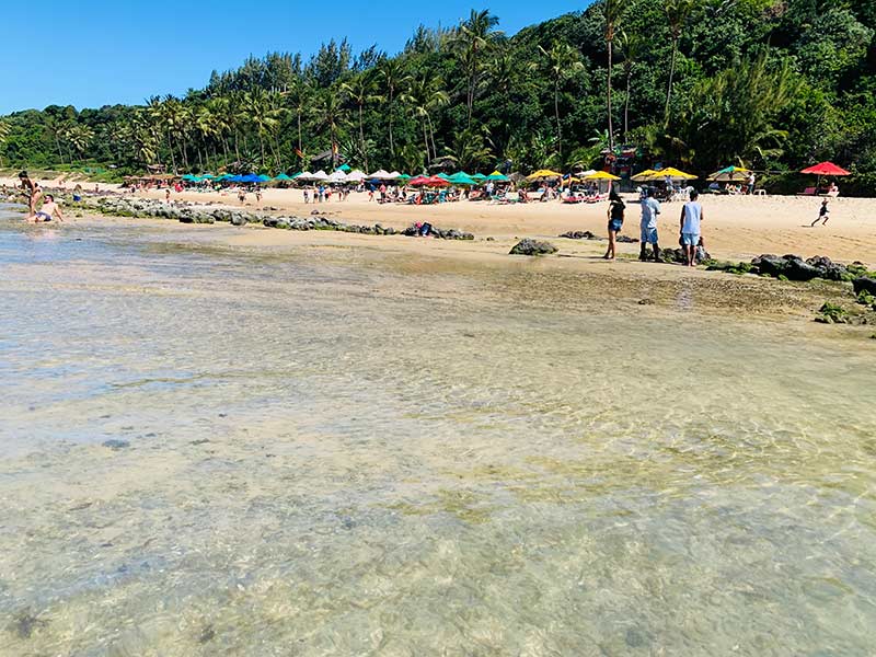 Piscinas naturais com água clara em frente à barraca de praia na Praia do Amor, uma das melhores praias de Pipa