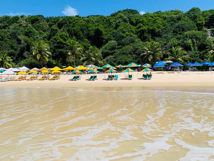 Barracas de praias e espreguiçadeiras na areia da Praia do Madeiro em Pipa vistas do mar