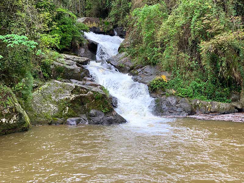 Queda d'água da Cachoeira do Simão, em Gonçalves, em meio a árvores