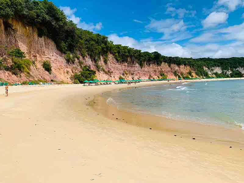 Quando ir pra Pipa: Baía dos Golfinhos vazia com mar e falésias em dia de céu azul