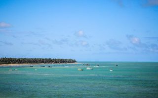 Barcos no mar de Japaratinga rodeados por coqueiral