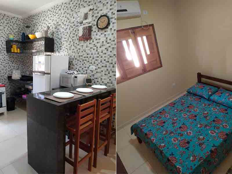 Montagem mostra cozinha americana e quarto com cama de casal do Maragogi Praia de Antunes Chalé 2