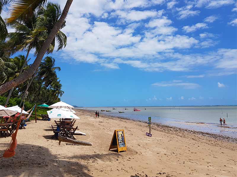 Cadeiras de praia e espreguiçadeira na areia da Praia do Patacho