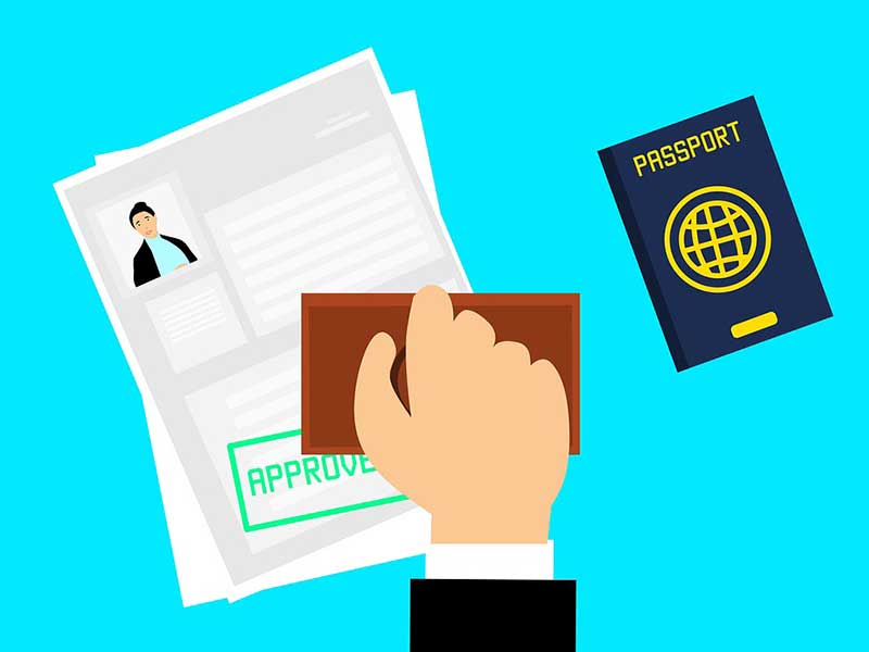 Ilustração de visto aprovado com passaporte ao lado