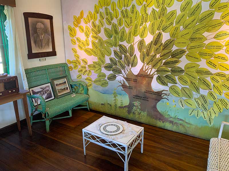 Área interna da Casa do Imigrante Carl Weege com móveis da época e árvore genealógica na parede