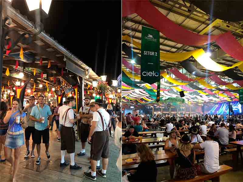 Montagem mostra pessoas aproveitando a Oktoberfest, dica de o que fazer em Blumenau