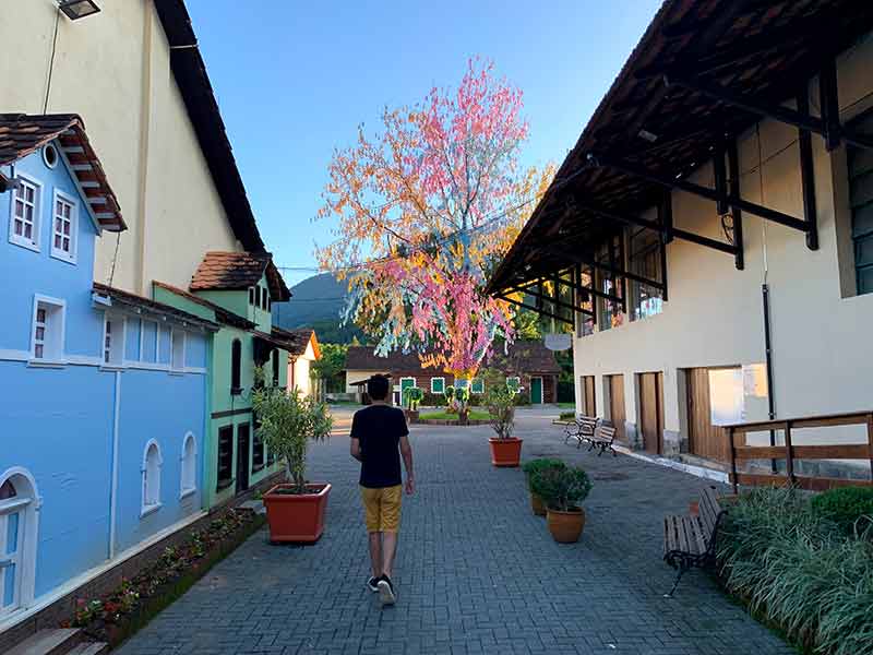 Homem caminha por ruazinha em Pomerode sentido Osterbaum, árvore enfeitada com casquinhas de ovos