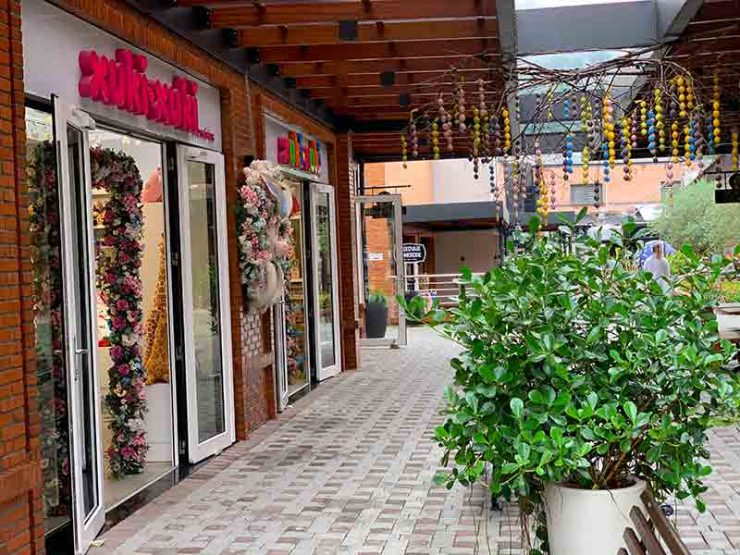 Entrada da loja Xuki Xuki, no Passeio Pomerano, com plantas e em espaço coberto
