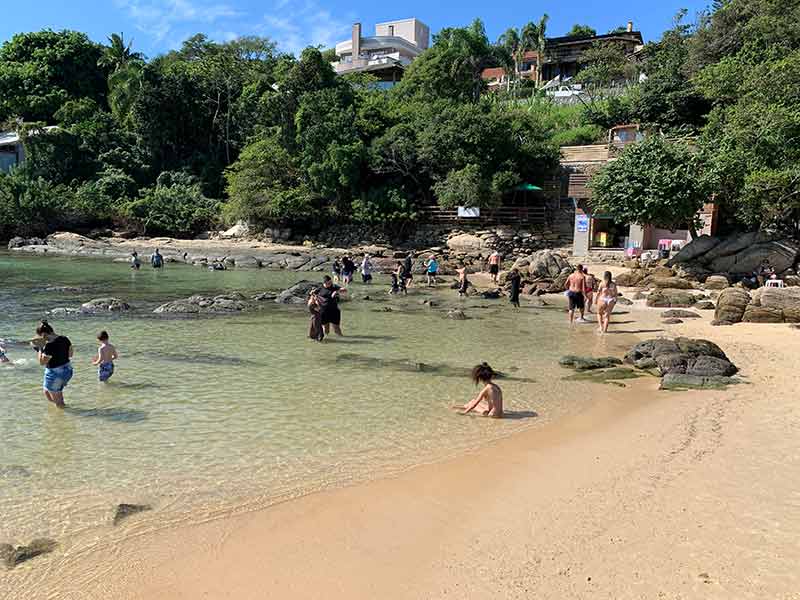 Crianças e adultos se divertem no mar calmo da praia da Lagoinha, em Bombinhas