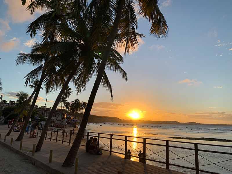 Pôr do sol com coqueiro na Praia do Centro, em Pipa