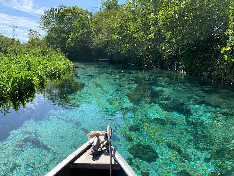 Barco anda pelas águas cristalinas do Rio Sucuri