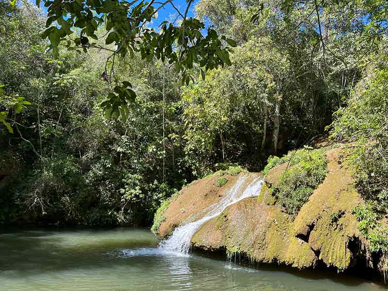 Cachoeira da Ceita Corê em meio à vegetação em dia de céu azul