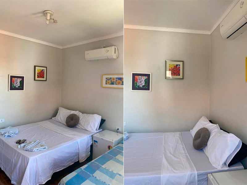 Montagem de duas fotos mostra quarto da Papaya com cama de casal