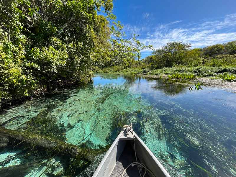 Barco navega pelas águas cristalinas e esverdeadas do Rio Sucuri, em Bonito, MS