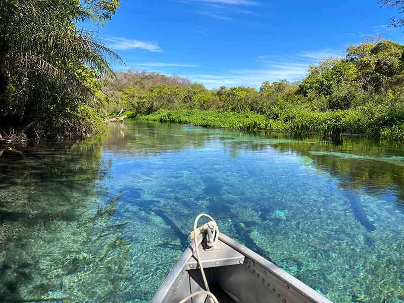 Barco navega pelas águas cristalinas do Rio Sucuri