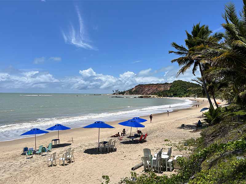 Guarda-sóis na areia da Praia de Tabatinga em Conde, Paraíba