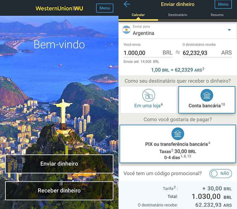 Captura de telas do aplicativo da Western Union na Argentina