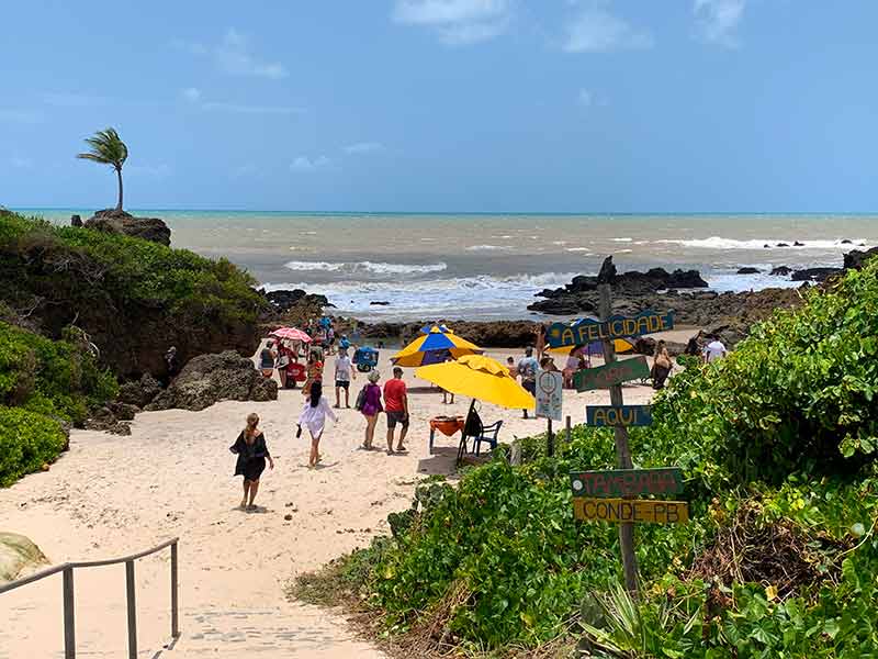 Pessoas chegando na Praia de Tambaba com mar e coqueiro à frente
