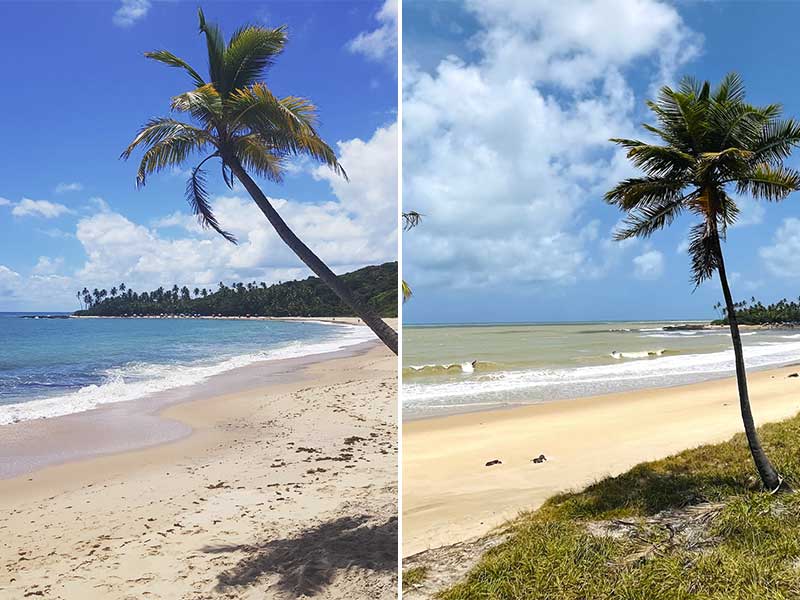 Comparação da cor do mar na Praia de Coqueirinho em foto dividida ao meio: à esquerda a praia em janeiro e, à direita, em outubro