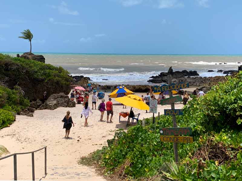 Pessoas chegando à praia de Tambaba, dica do que fazer em João Pessoa, com árvore, jardim e mar