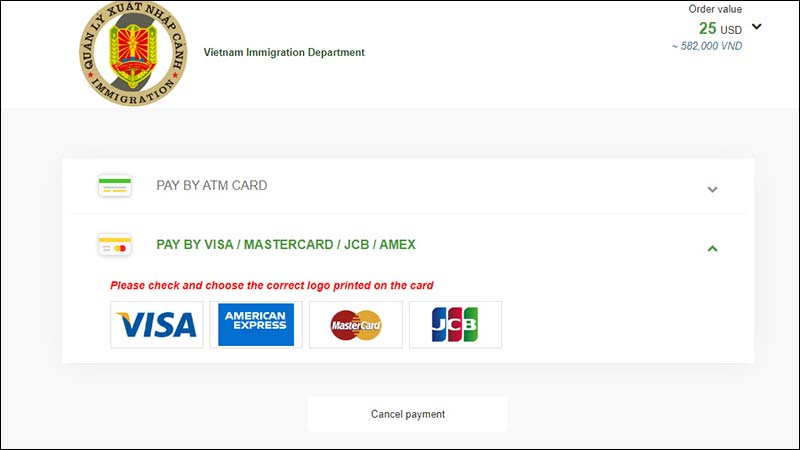 Print da tela de pagamento do visto pro Vietnã com bandeiras dos cartões de crédito aceitos