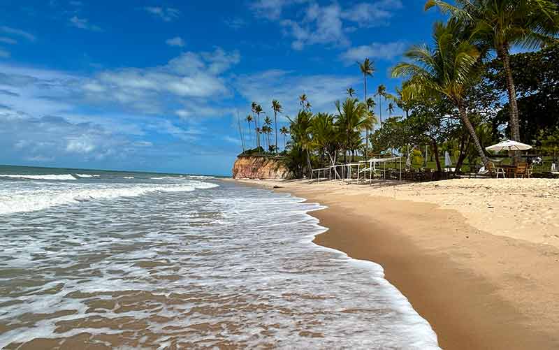 Mar com ondas, coqueiros, areia vazia e céu azul da Barra do Cahy, em Cumuraxtiba, na Bahia