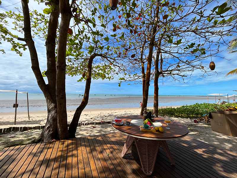 Mesa com frutas em meio a um jardim da pousada Areia Preta em frente à praia de Cumuruxatiba, na Bahia