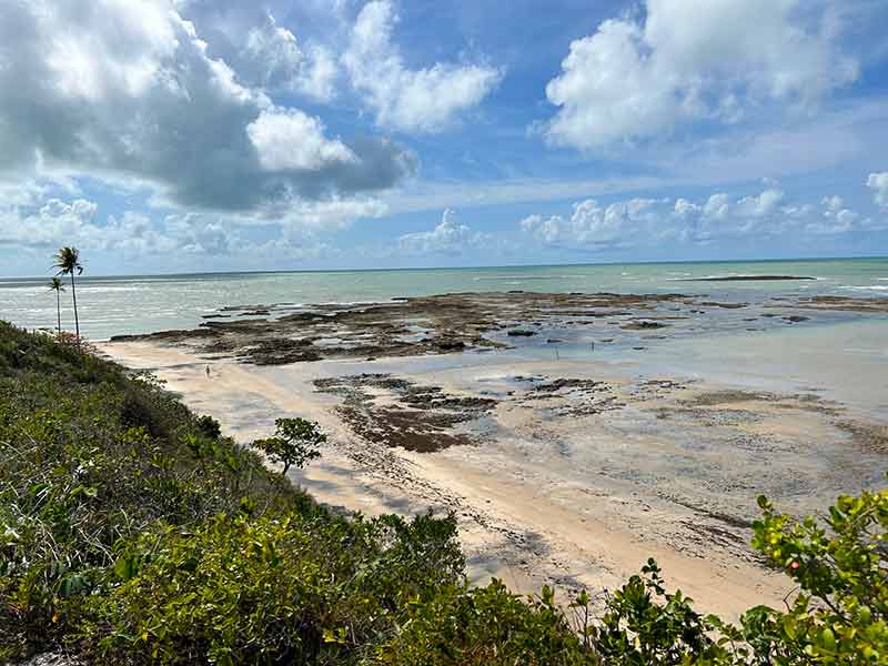 Praia do Moreira, em Cumuruxatiba, vista de cima com mar e areia vazios