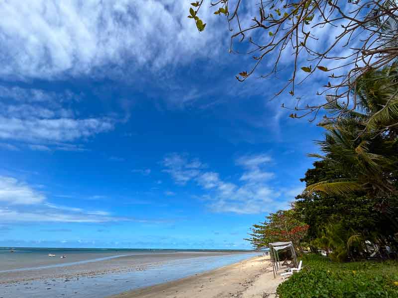 Praia central de Cumuruxatiba vazia com árvores e céu azul com nuvens