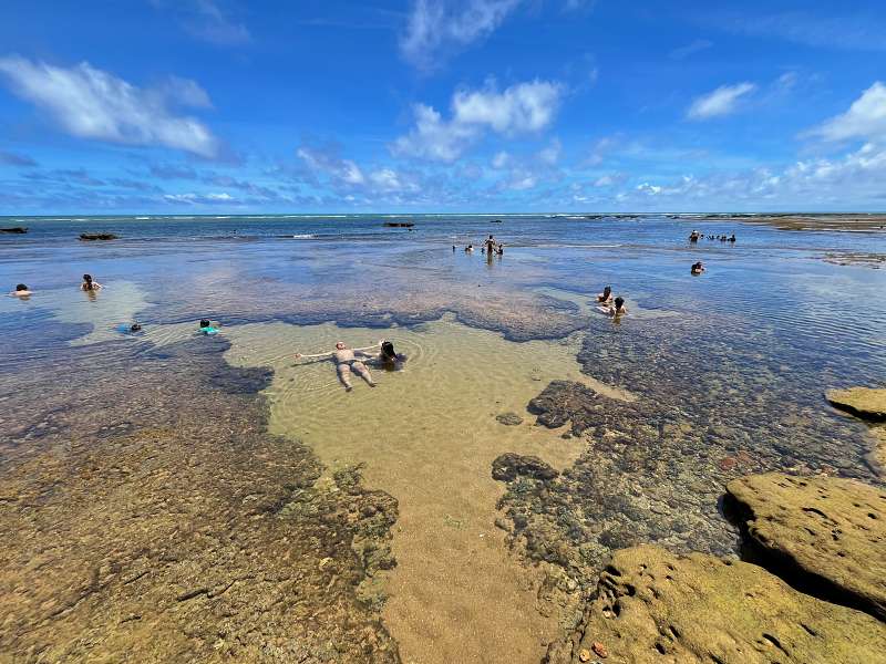 Como ir de Salvador à Praia do Forte - Pessoas nadam em piscinas naturais na praia
