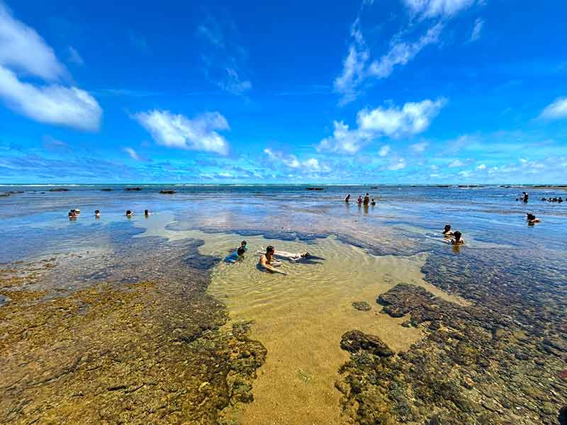 Pessoas nadam nas piscinas naturais da praia da Pedra do Chapéu, dica de o que fazer na Praia do Forte