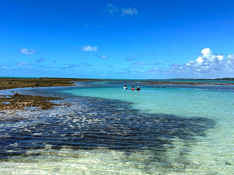 Pessoas nadam nas piscinas naturais de Japaratinga em dia de poucas nuvens e água cristalina