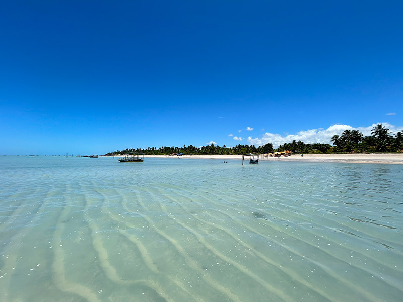 Jangada parada no mar claro e esverdeado da praia de Antunes, uma das melhores praias de Alagoas, em Maragogi