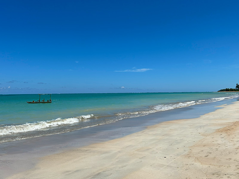 Barquinho parado no mar esverdeado da Praia do Riacho, dica de o que fazer em São Miguel dos Milagres