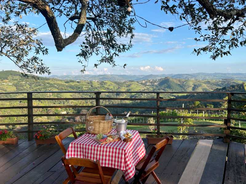Mesa de piquenique com vinhos e queijos na Vinìcola Terrassos, em Amparo
