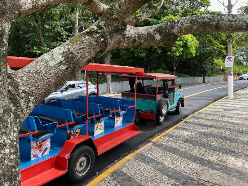 Trenzinho vermelho e azul parado na Praça Adhemar de Barros