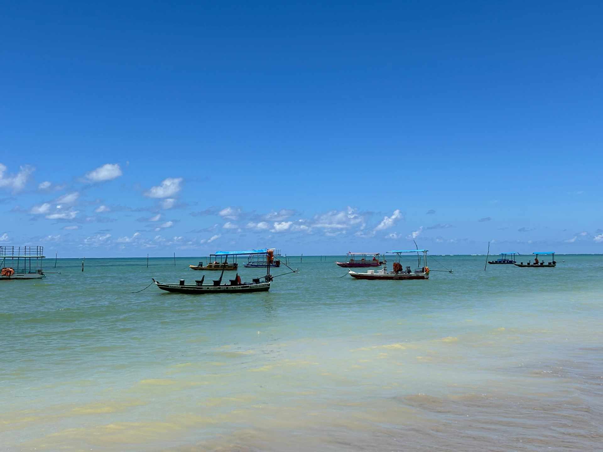 Barcos parados no mar esverdeado de praia em Milagres