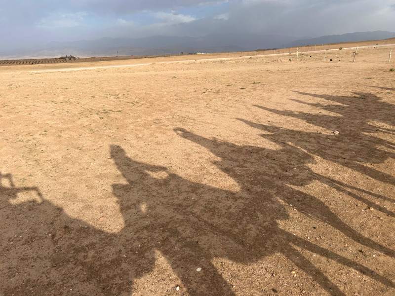 Sombra de pessoas andando de camelo no Deserto de Agafay, dica de o que fazer em Marrakech