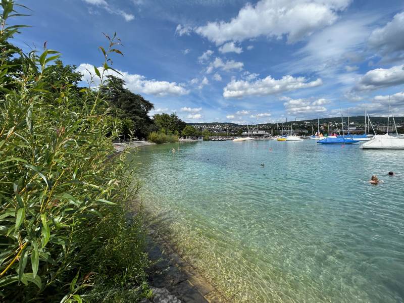 Lago de Zurique com águas claras e esverdeadas em dia de sol com poucos nuvens
