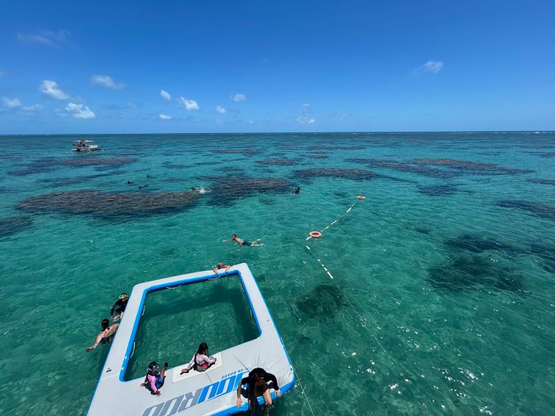 Pessoas mergulham nos Parrachos de Maracajaú em dia de céu azul