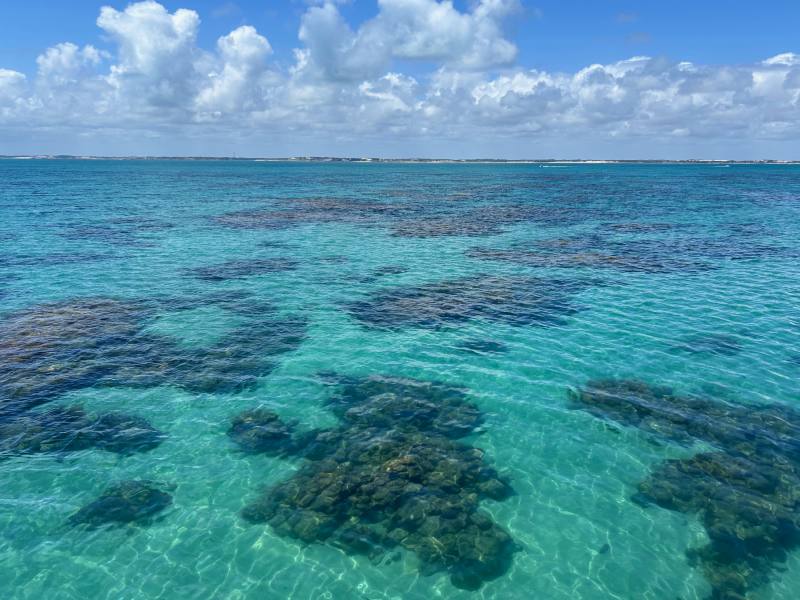 Parrachos de Maracajaú vazios em dia de águas cristalina verde e céu azul com nuvens