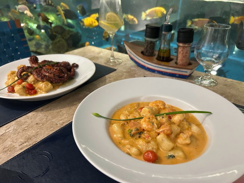 Polvo e nhoque com camarões do Arcos do Canal